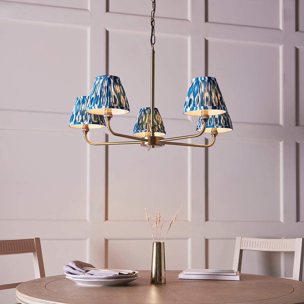 Lille & Ikat 16cm 5lt Pendant Antique brass plate & marlin blue fabric
