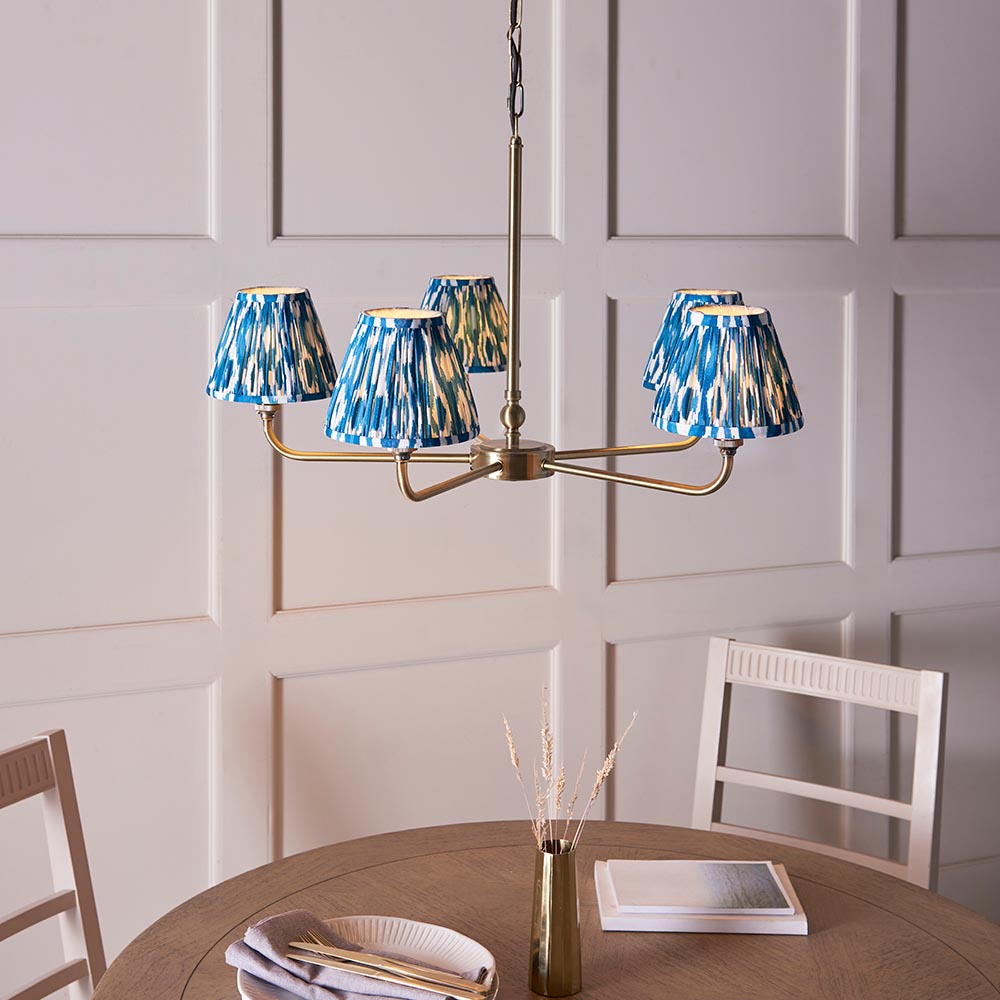 Lille & Ikat 16cm 5lt Pendant Antique brass plate & marlin blue fabric