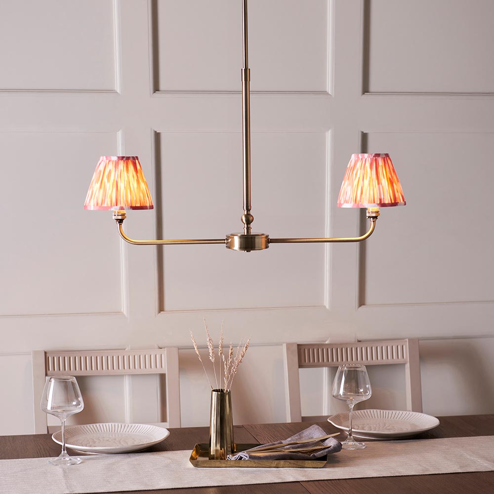 Lille & Ikat 16cm 2lt Linear Pendant Antique brass plate & coral pink fabric