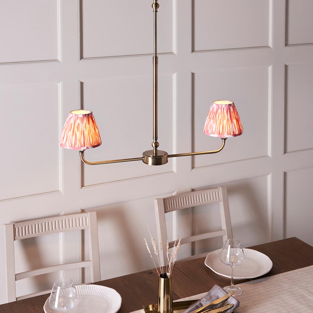 Lille & Ikat 16cm 2lt Linear Pendant Antique brass plate & coral pink fabric