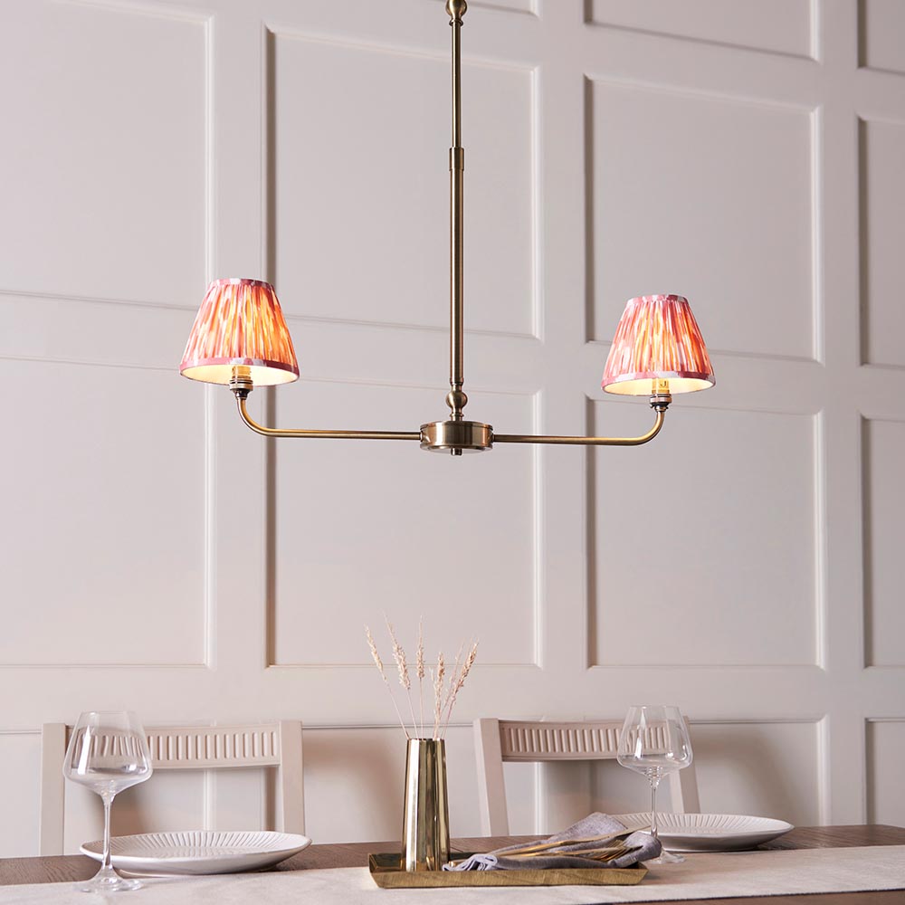 Lille & Ikat 16cm 2lt Linear Pendant Antique brass plate & coral pink fabric