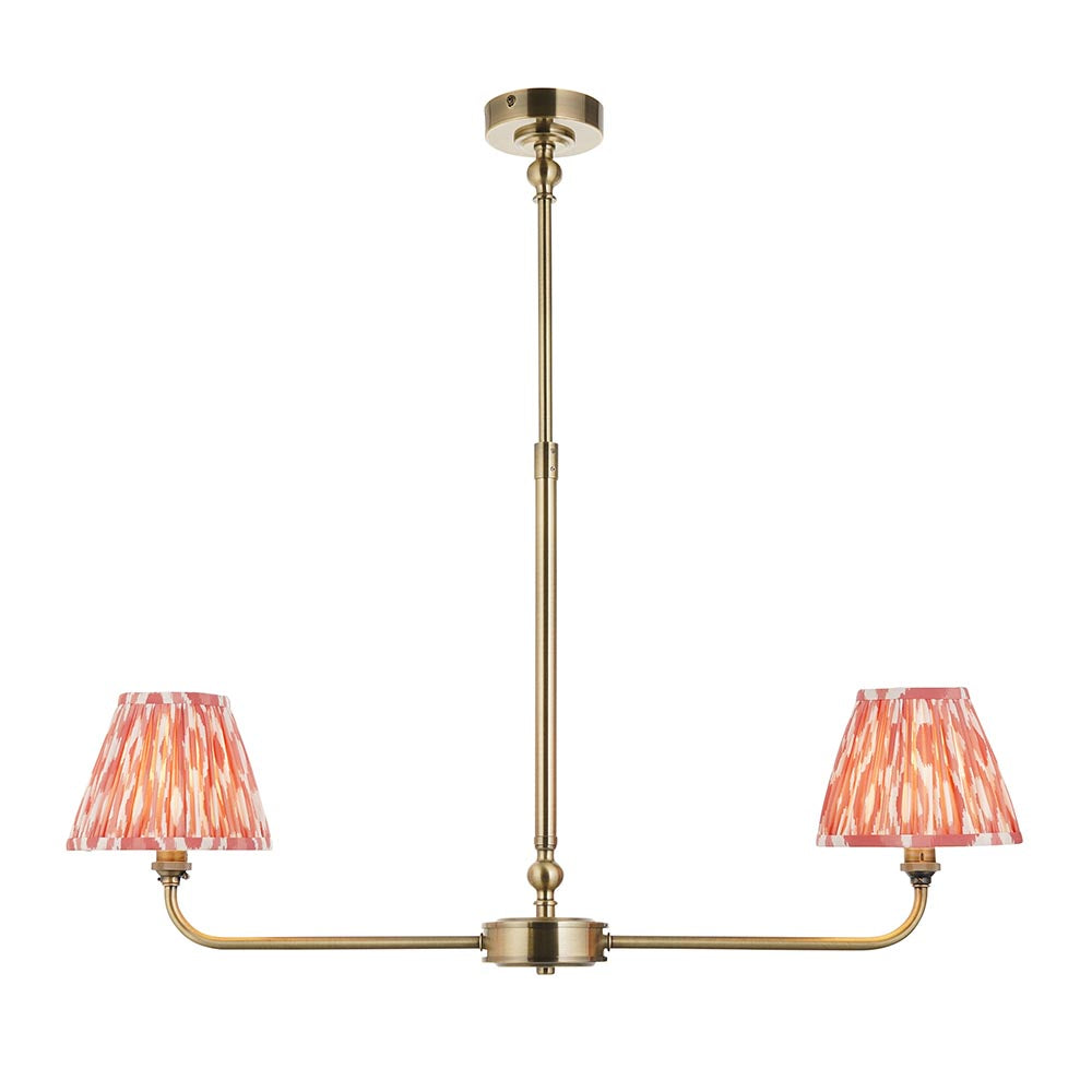 Lille & Ikat 16cm 2lt Linear Pendant Antique brass plate & coral pink fabric