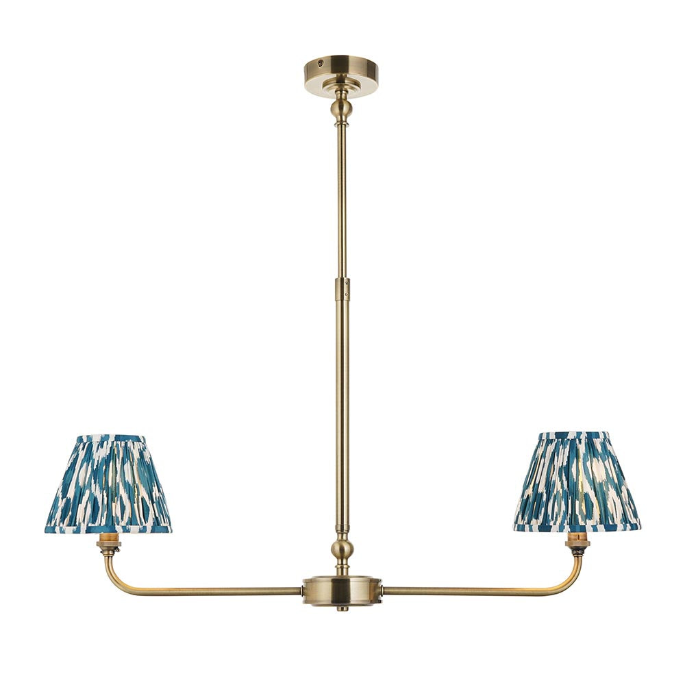 Lille & Ikat 16cm 2lt Linear Pendant Antique brass plate & marlin blue fabric