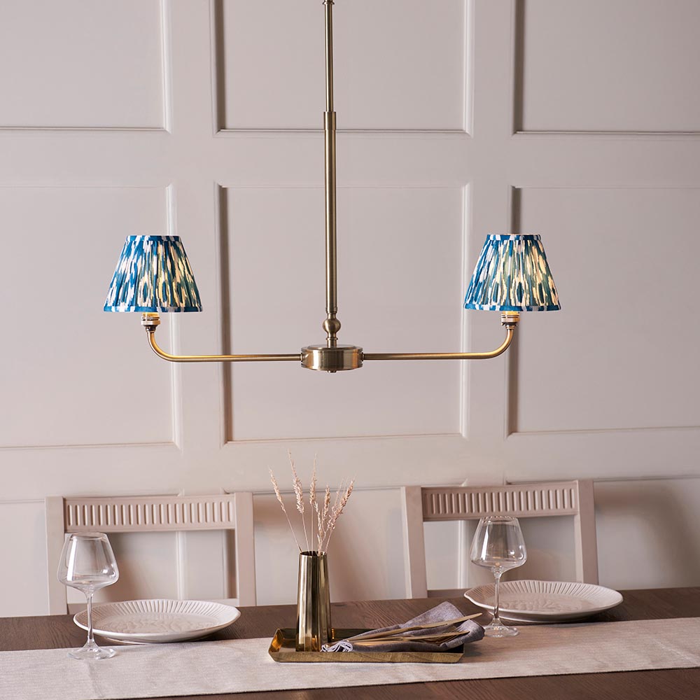 Lille & Ikat 16cm 2lt Linear Pendant Antique brass plate & marlin blue fabric