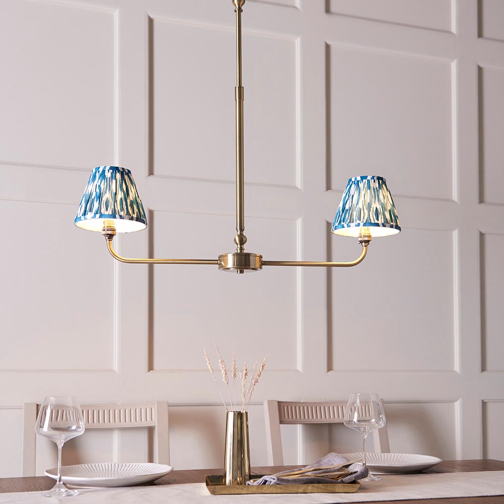 Lille & Ikat 16cm 2lt Linear Pendant Antique brass plate & marlin blue fabric