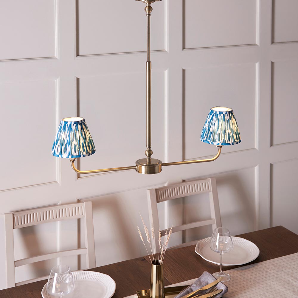 Lille & Ikat 16cm 2lt Linear Pendant Antique brass plate & marlin blue fabric