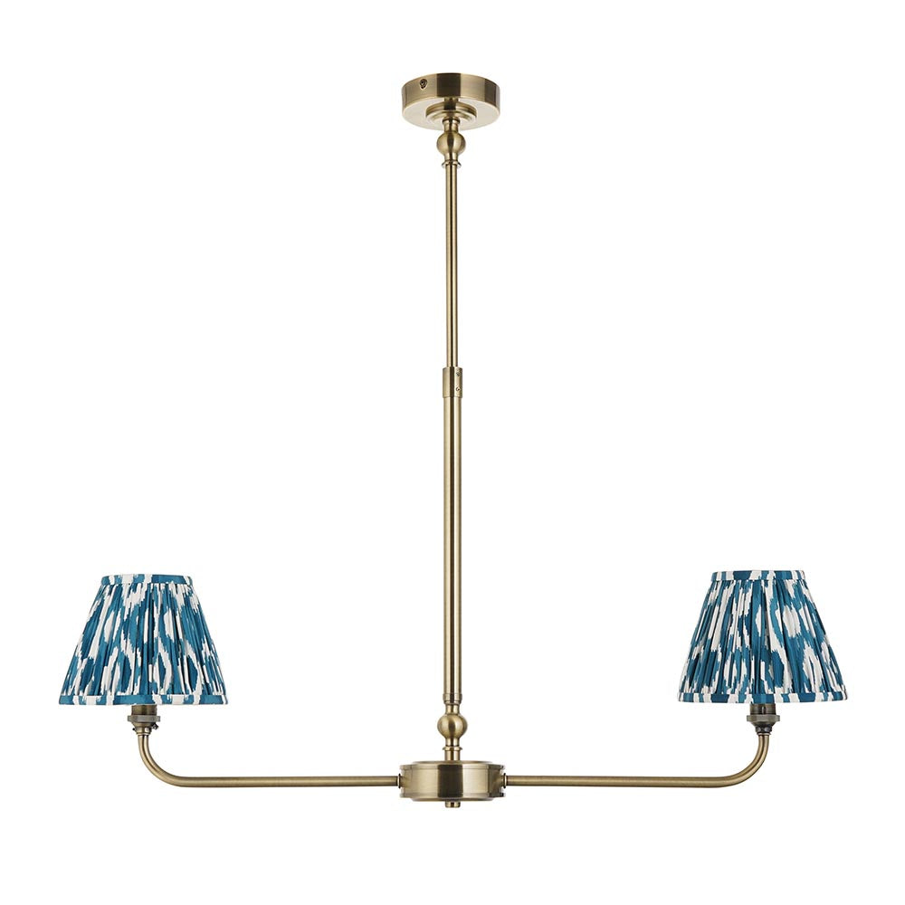 Lille & Ikat 16cm 2lt Linear Pendant Antique brass plate & marlin blue fabric