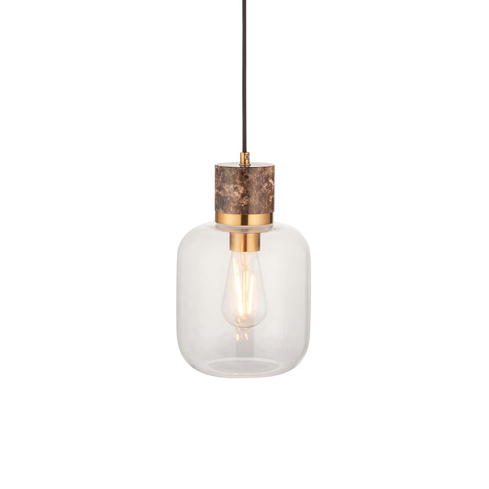 Travi Pendant Dark brown Emperador marble, vintage brass & clear glass