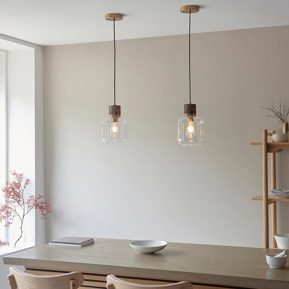 Travi Pendant Dark brown Emperador marble, vintage brass & clear glass