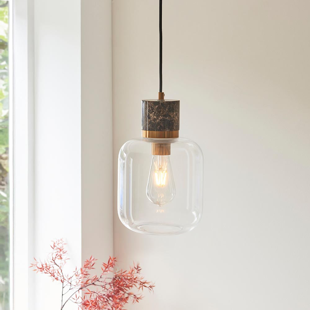 Travi Pendant Dark brown Emperador marble, vintage brass & clear glass