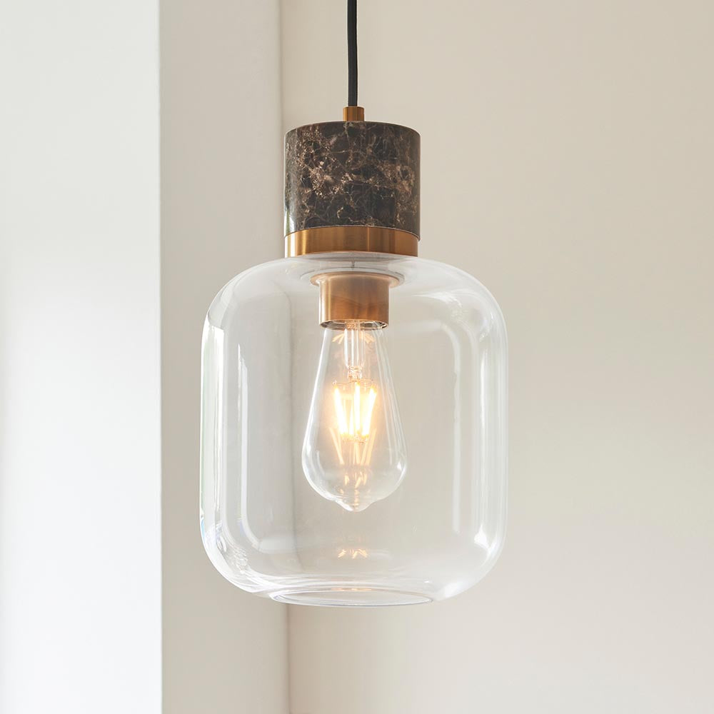 Travi Pendant Dark brown Emperador marble, vintage brass & clear glass