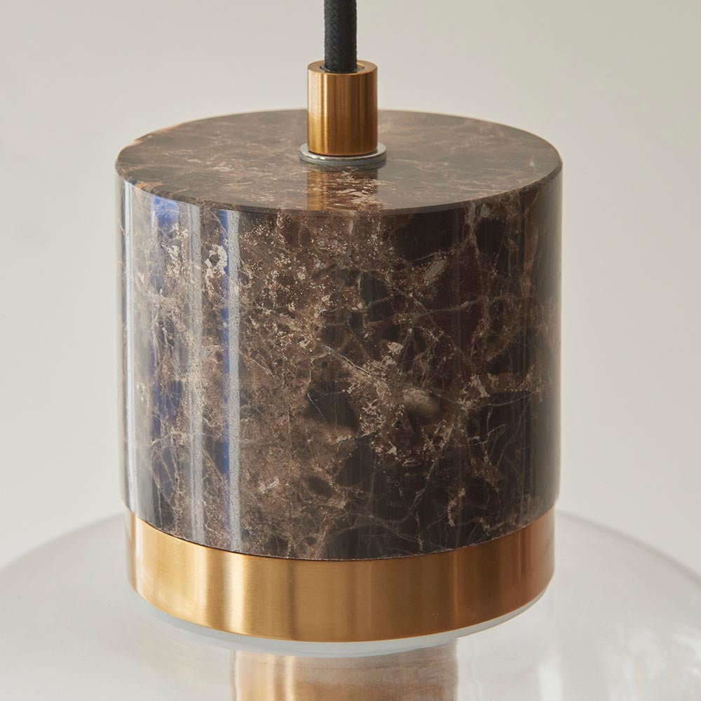 Travi Pendant Dark brown Emperador marble, vintage brass & clear glass