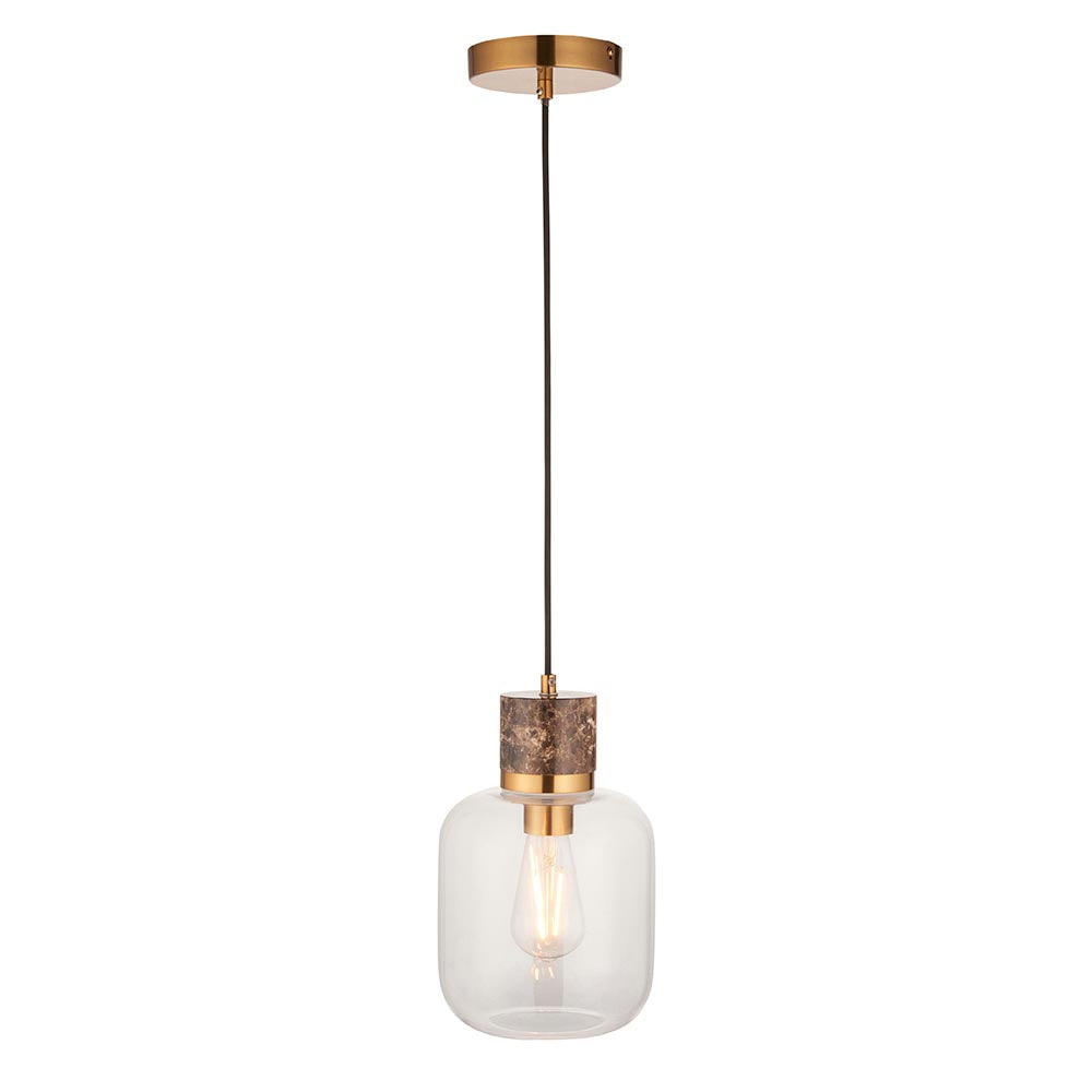 Travi Pendant Dark brown Emperador marble, vintage brass & clear glass