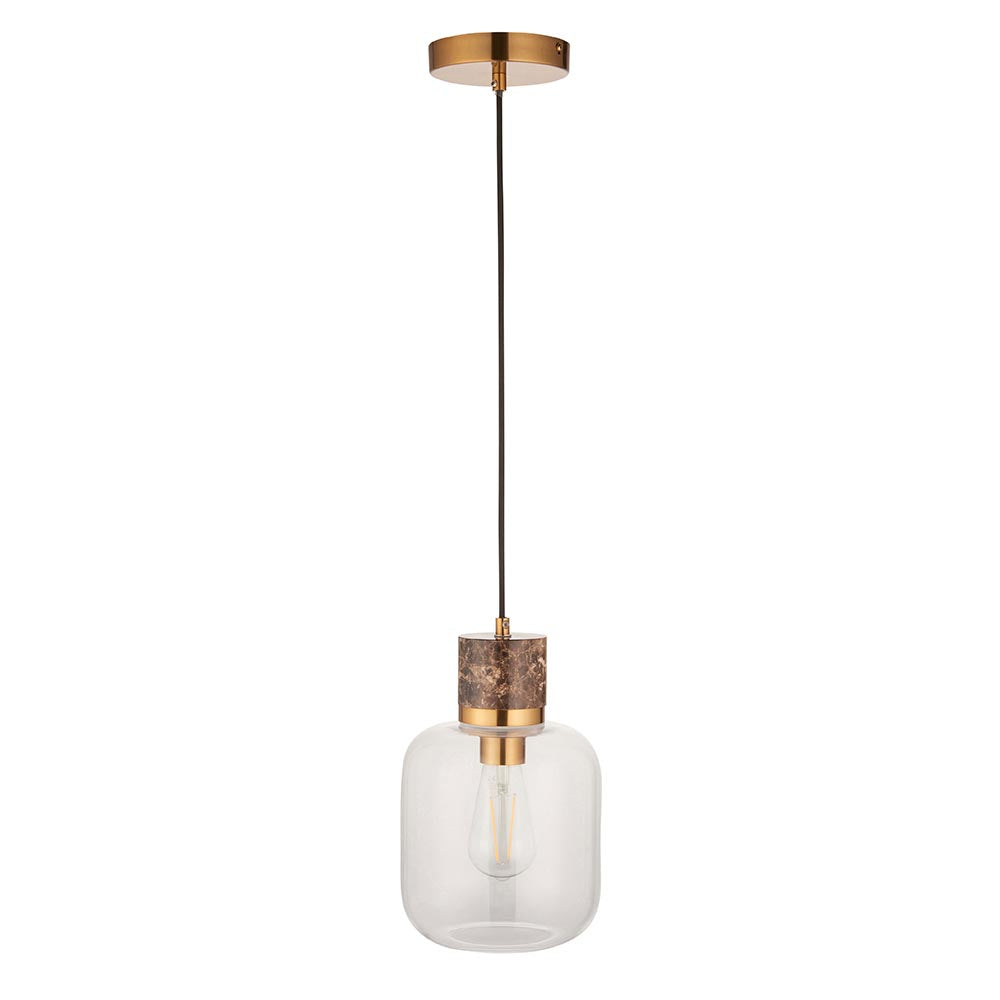 Travi Pendant Dark brown Emperador marble, vintage brass & clear glass