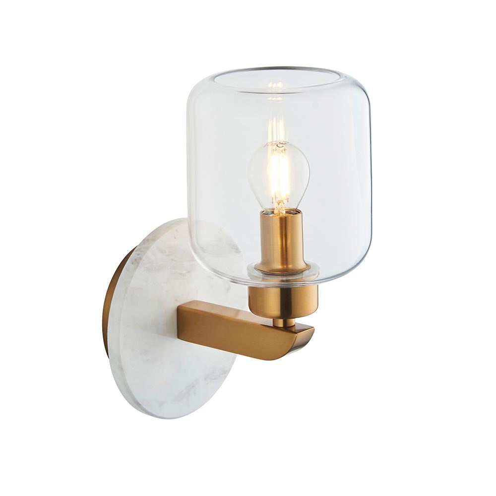 Travi Wall White volakas marble, vintage brass & clear glass