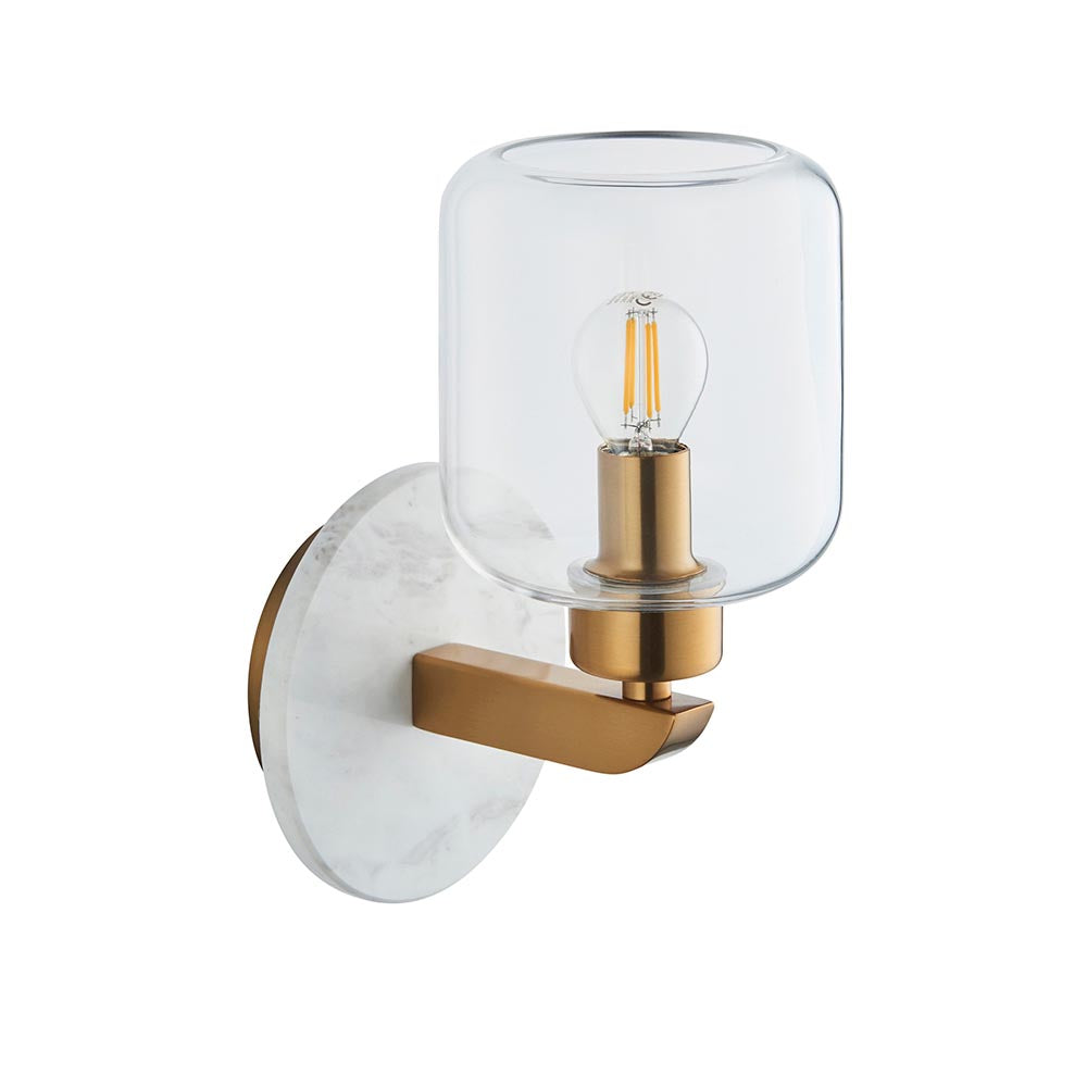 Travi Wall White volakas marble, vintage brass & clear glass