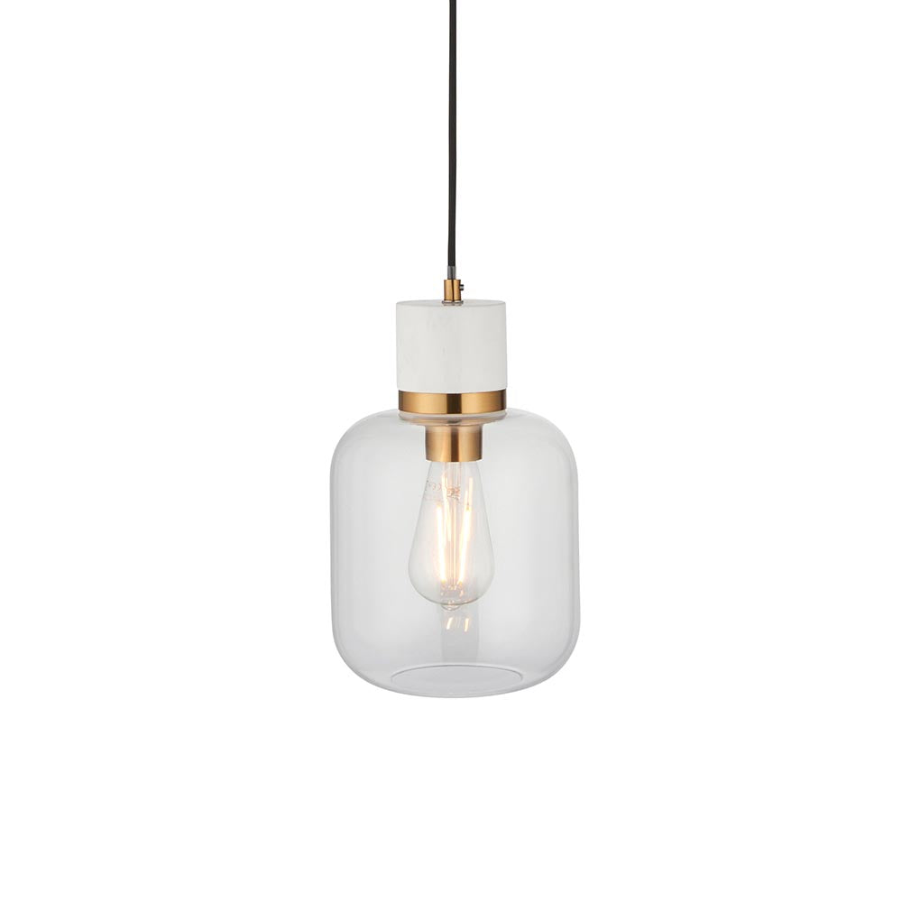 Travi Pendant White volakas marble, vintage brass & clear glass