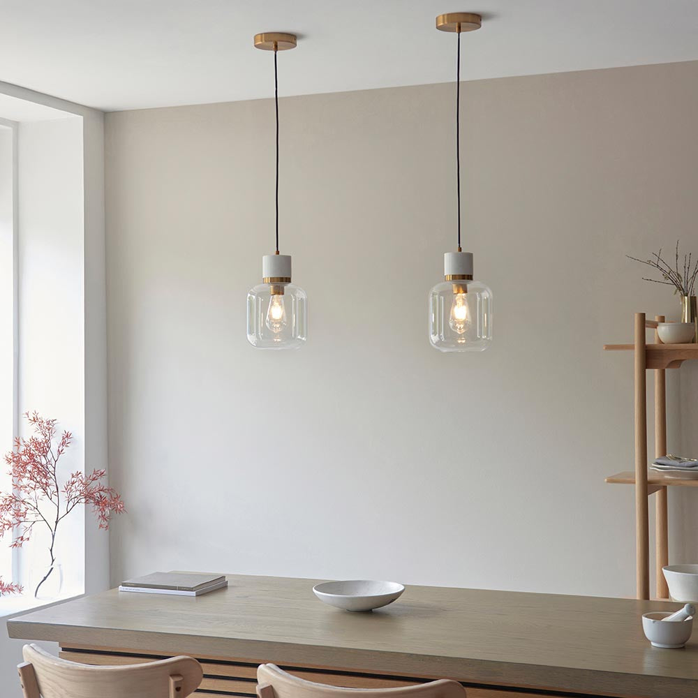 Travi Pendant White volakas marble, vintage brass & clear glass