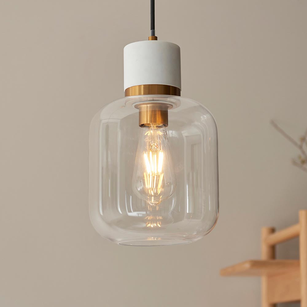 Travi Pendant White volakas marble, vintage brass & clear glass
