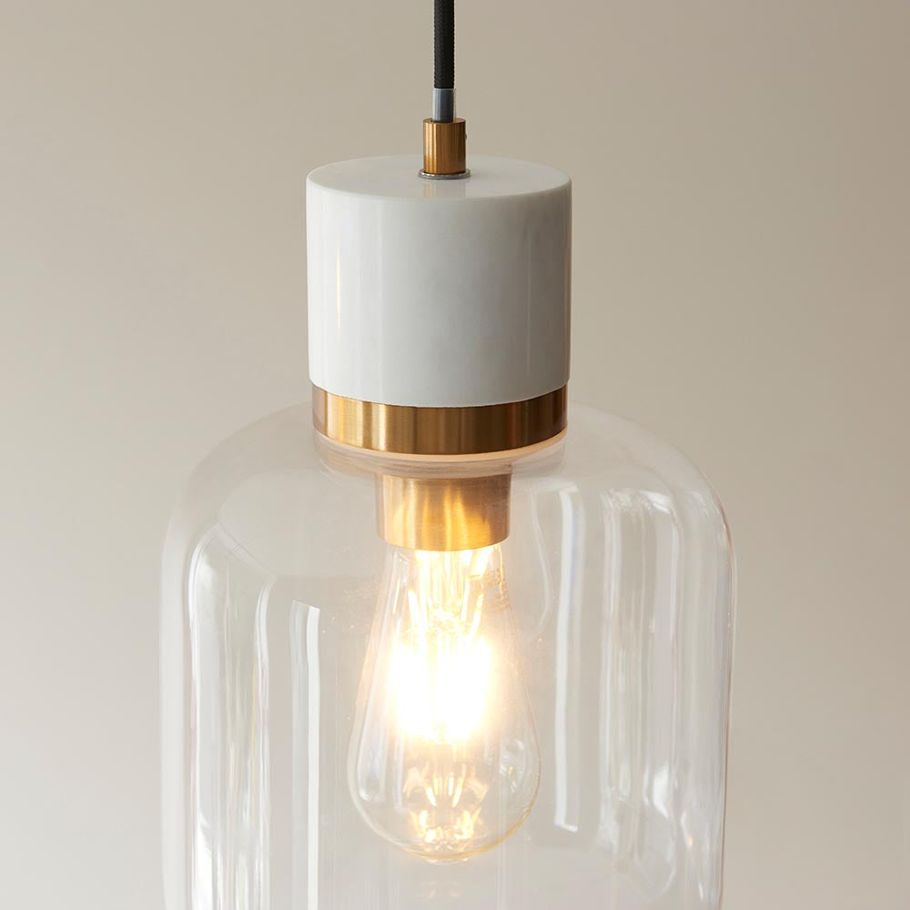 Travi Pendant White volakas marble, vintage brass & clear glass