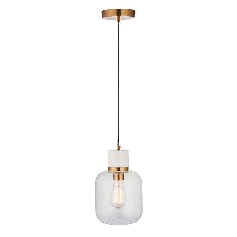 Travi Pendant White volakas marble, vintage brass & clear glass