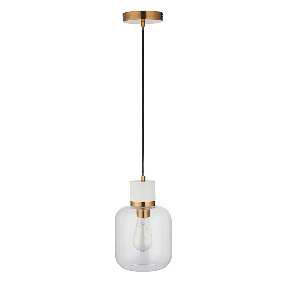 Travi Pendant White volakas marble, vintage brass & clear glass