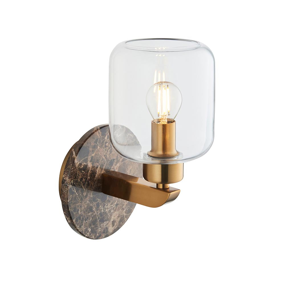 Travi Wall Dark brown Emperador marble, vintage brass & clear glass