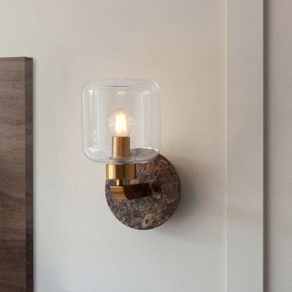 Travi Wall Dark brown Emperador marble, vintage brass & clear glass