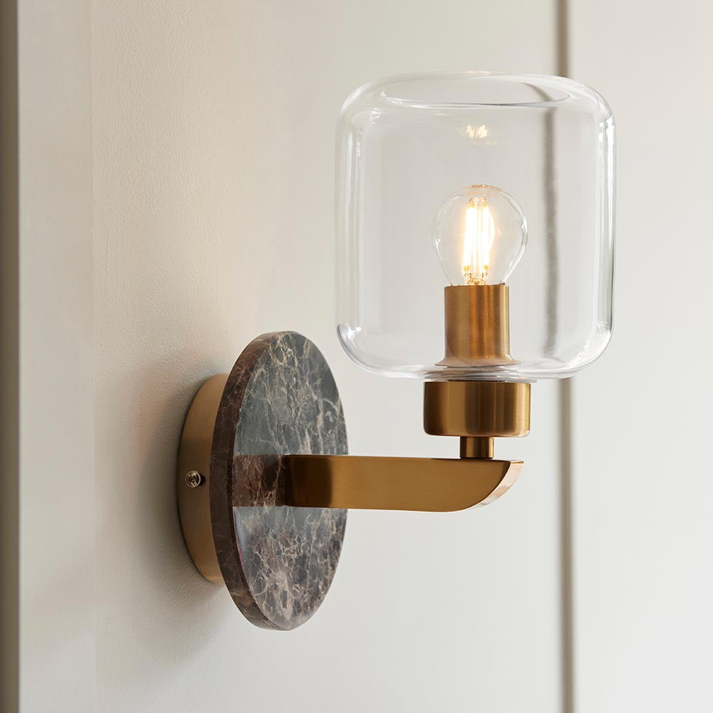 Travi Wall Dark brown Emperador marble, vintage brass & clear glass