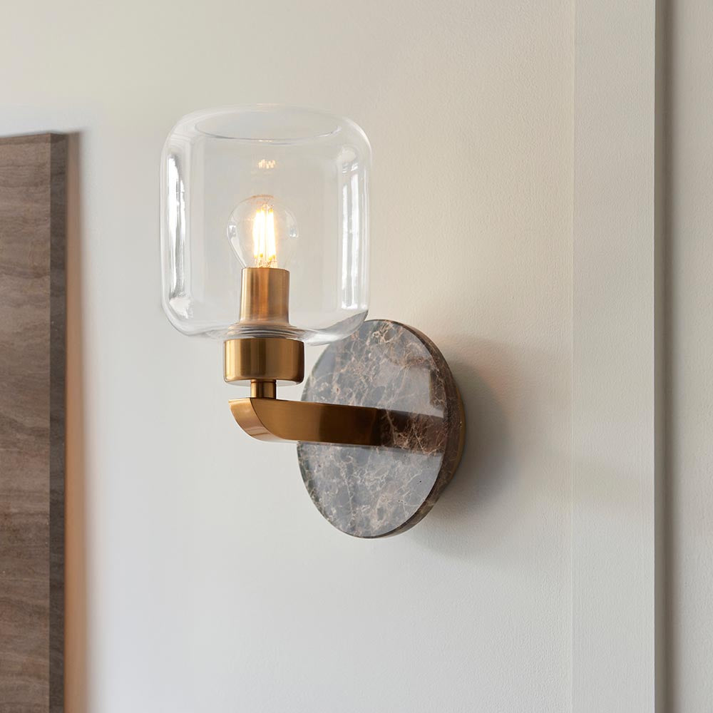 Travi Wall Dark brown Emperador marble, vintage brass & clear glass