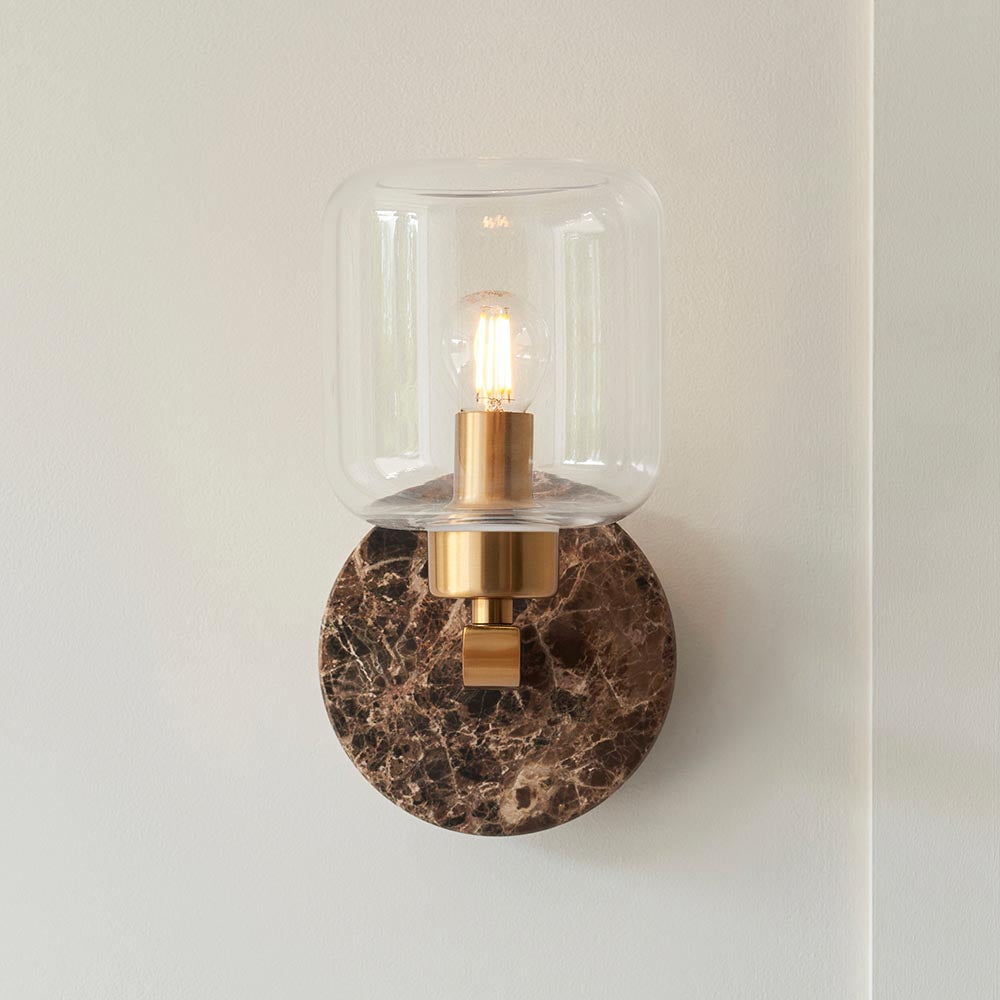 Travi Wall Dark brown Emperador marble, vintage brass & clear glass