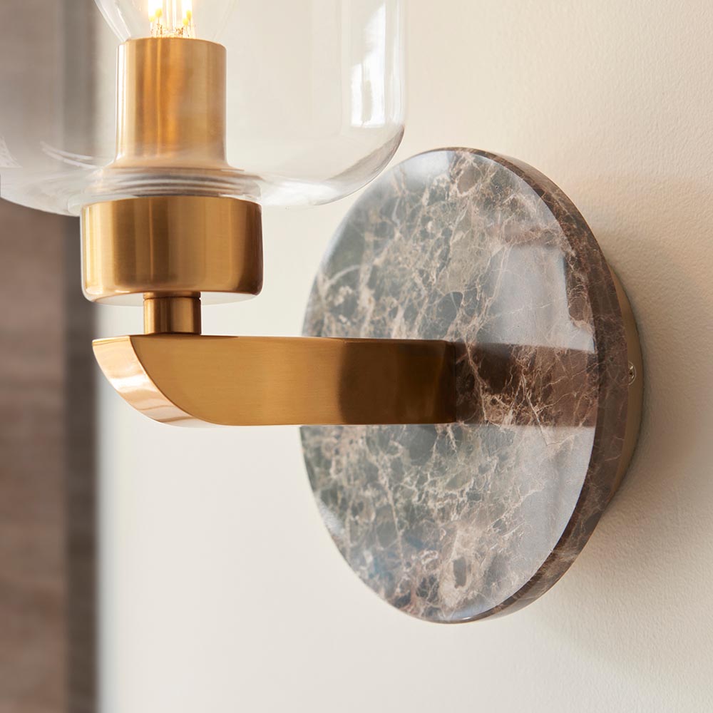 Travi Wall Dark brown Emperador marble, vintage brass & clear glass