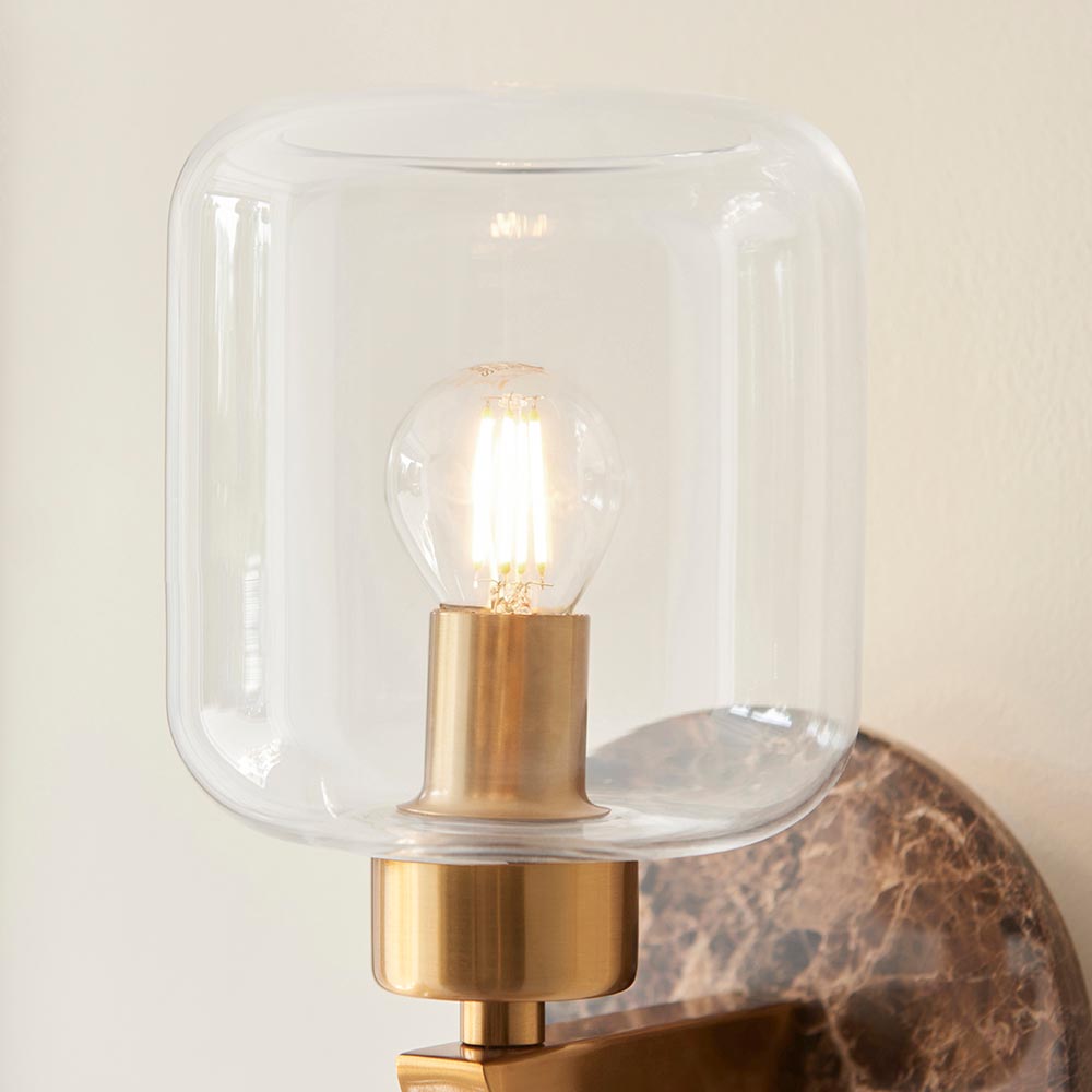 Travi Wall Dark brown Emperador marble, vintage brass & clear glass