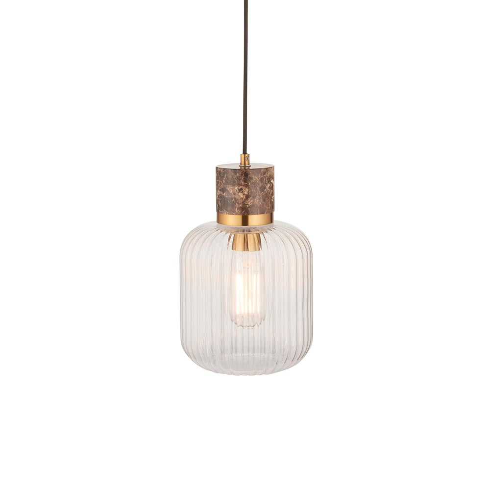 Travi Ribbed Pendant Dark brown Emperador marble, vintage brass & clear ribbed glass