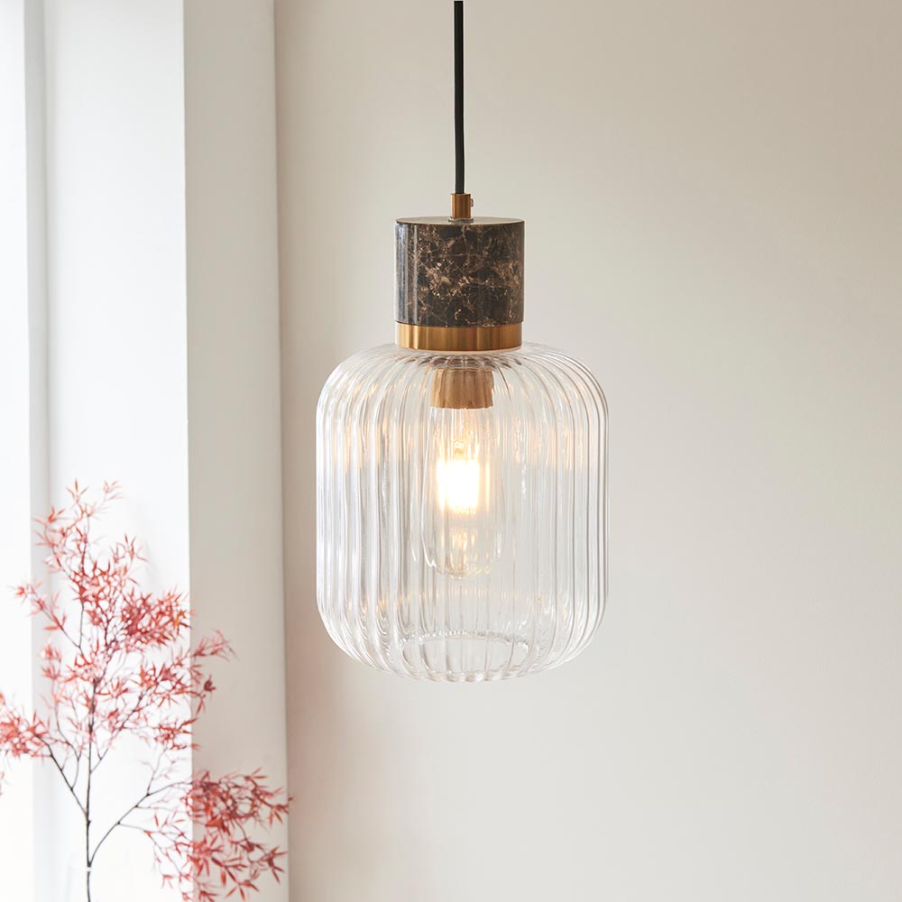 Travi Ribbed Pendant Dark brown Emperador marble, vintage brass & clear ribbed glass