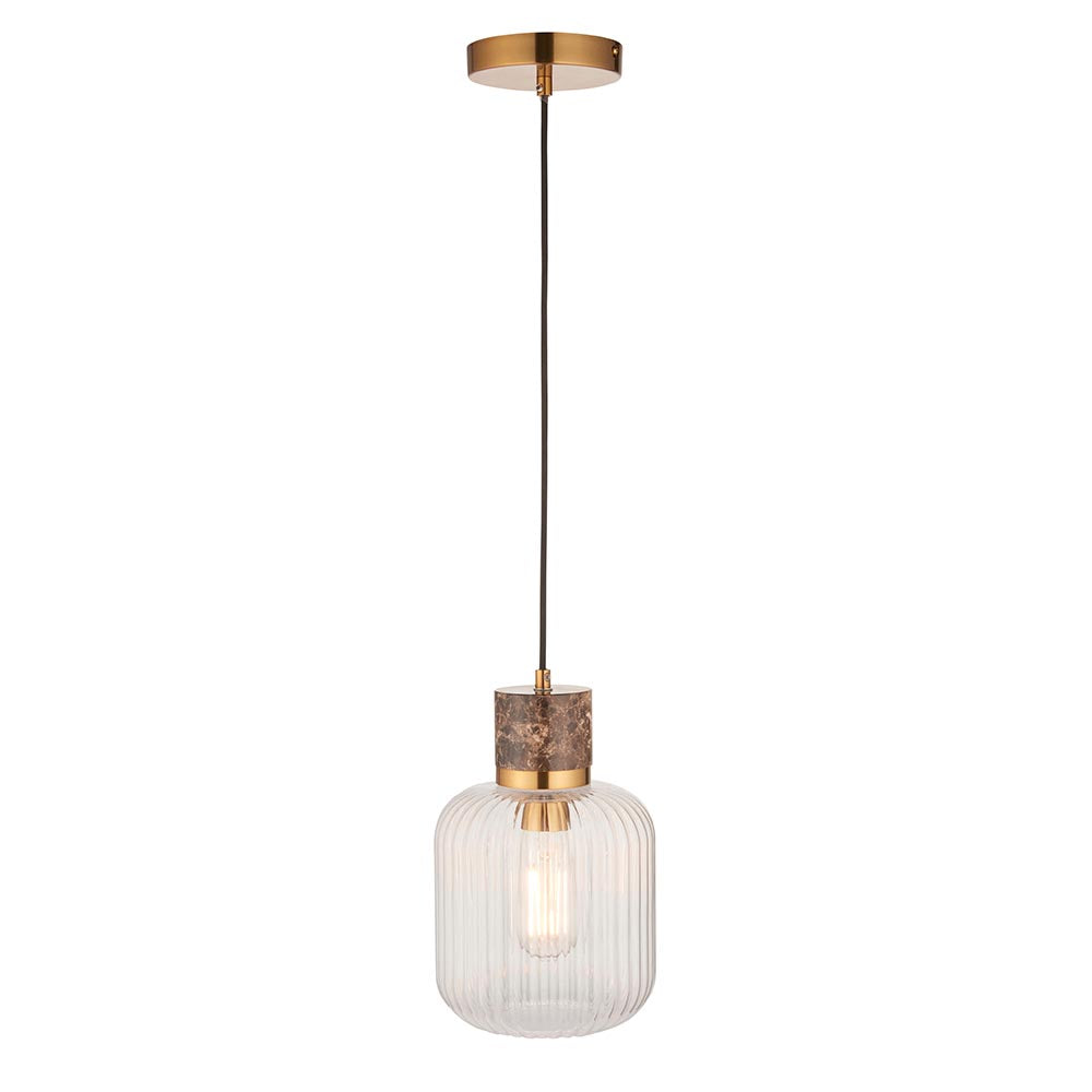 Travi Ribbed Pendant Dark brown Emperador marble, vintage brass & clear ribbed glass