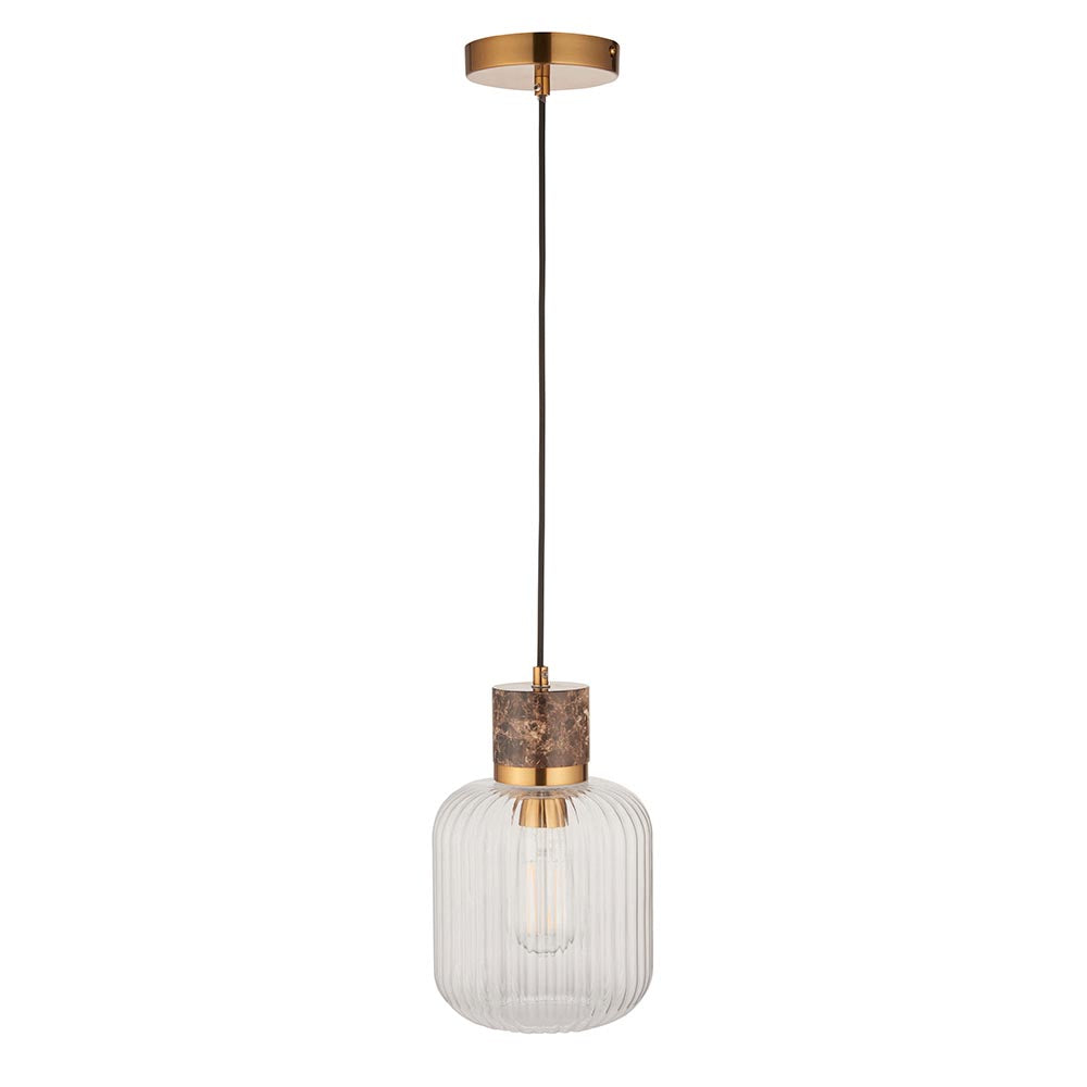 Travi Ribbed Pendant Dark brown Emperador marble, vintage brass & clear ribbed glass