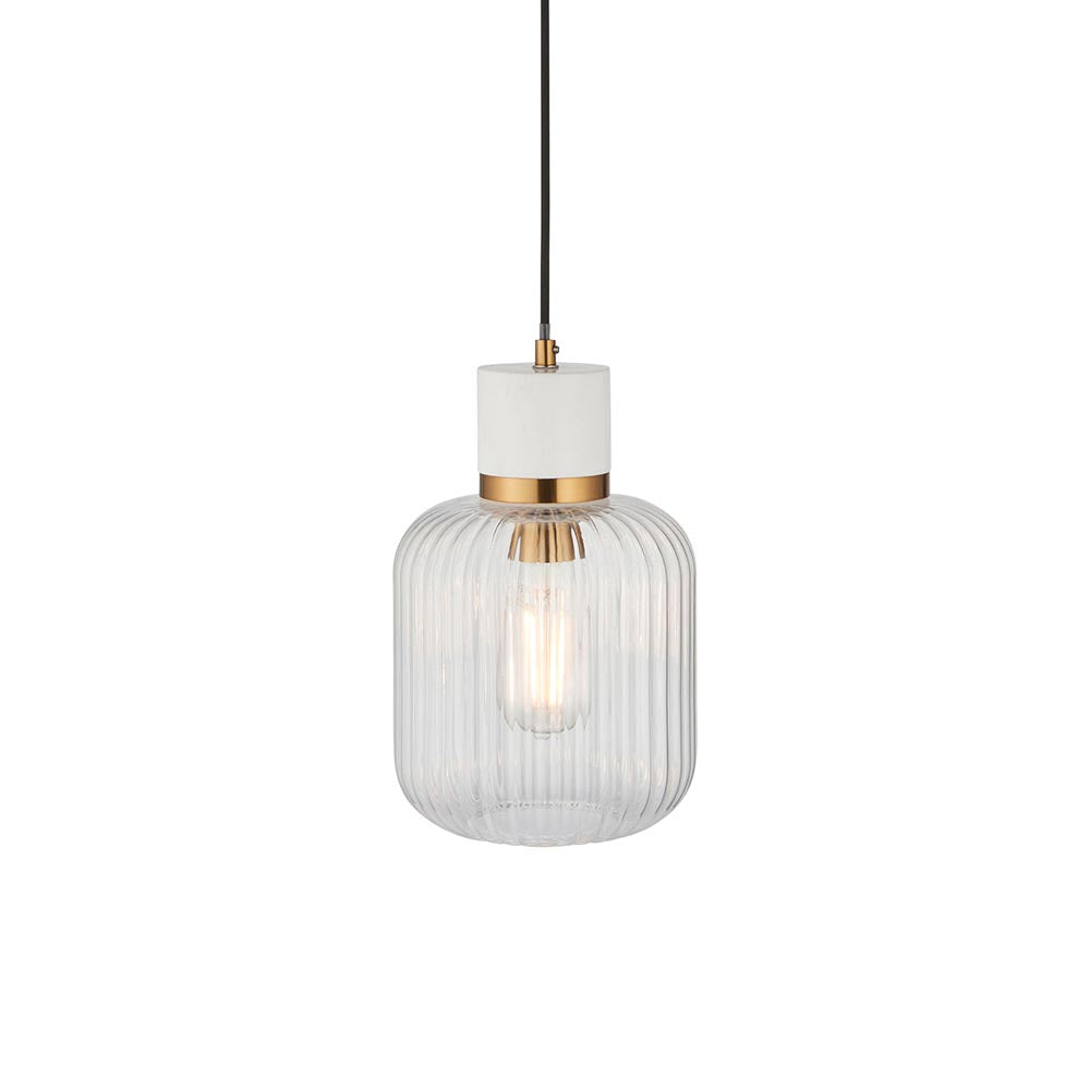 Travi Ribbed Pendant White volakas marble, vintage brass & clear ribbed glass