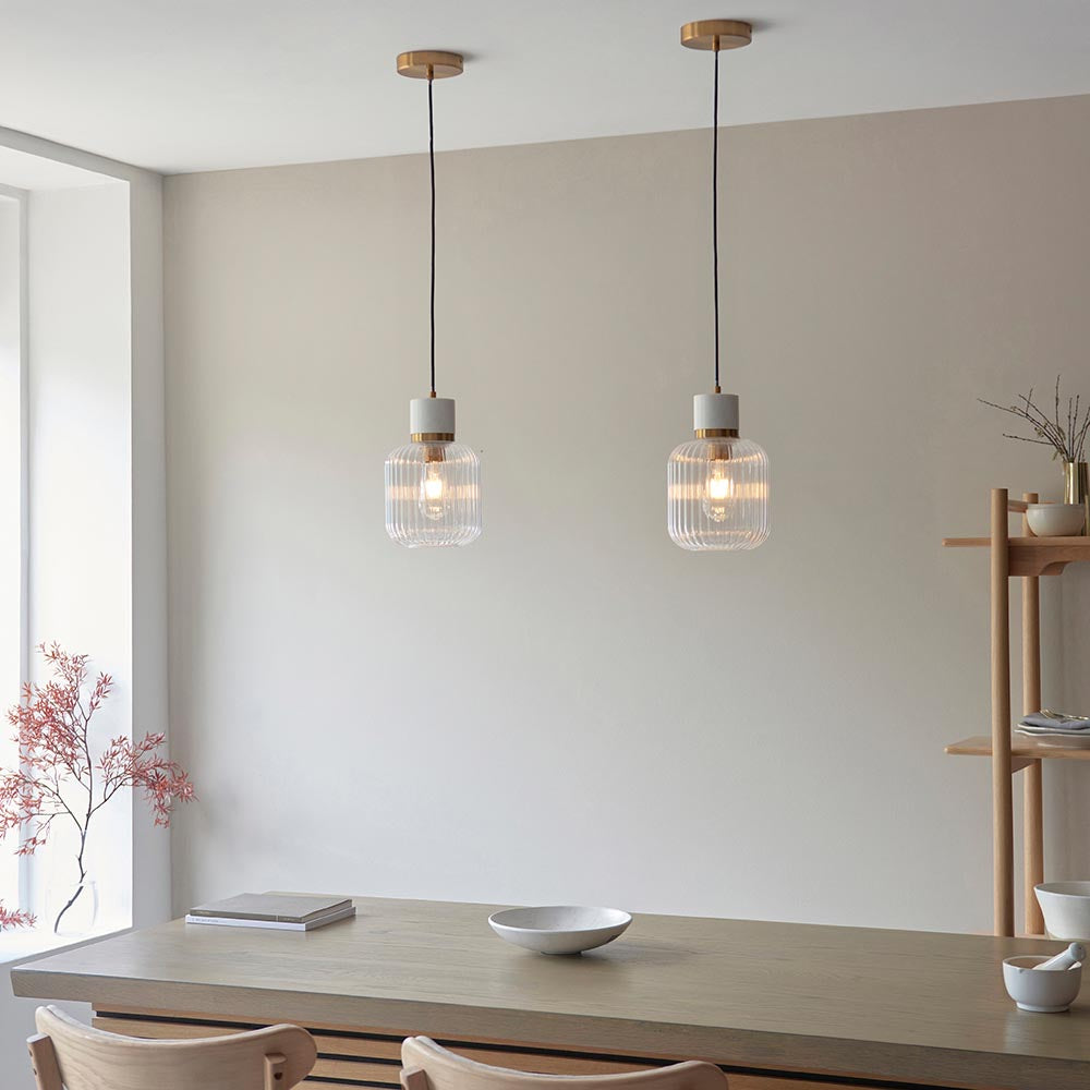 Travi Ribbed Pendant White volakas marble, vintage brass & clear ribbed glass