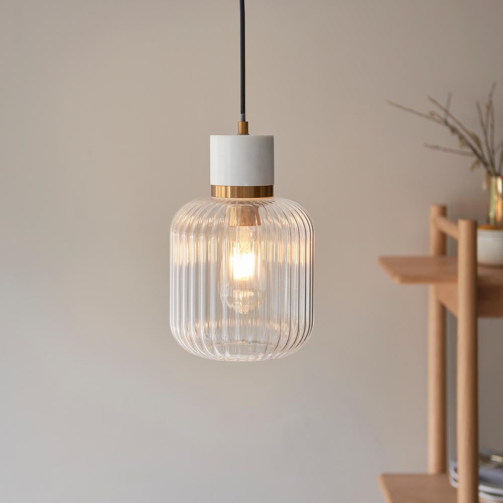 Travi Ribbed Pendant White volakas marble, vintage brass & clear ribbed glass