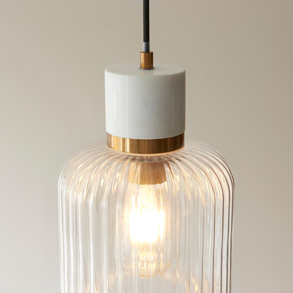 Travi Ribbed Pendant White volakas marble, vintage brass & clear ribbed glass