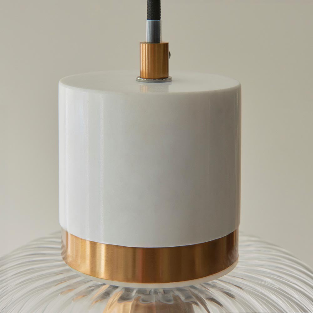 Travi Ribbed Pendant White volakas marble, vintage brass & clear ribbed glass