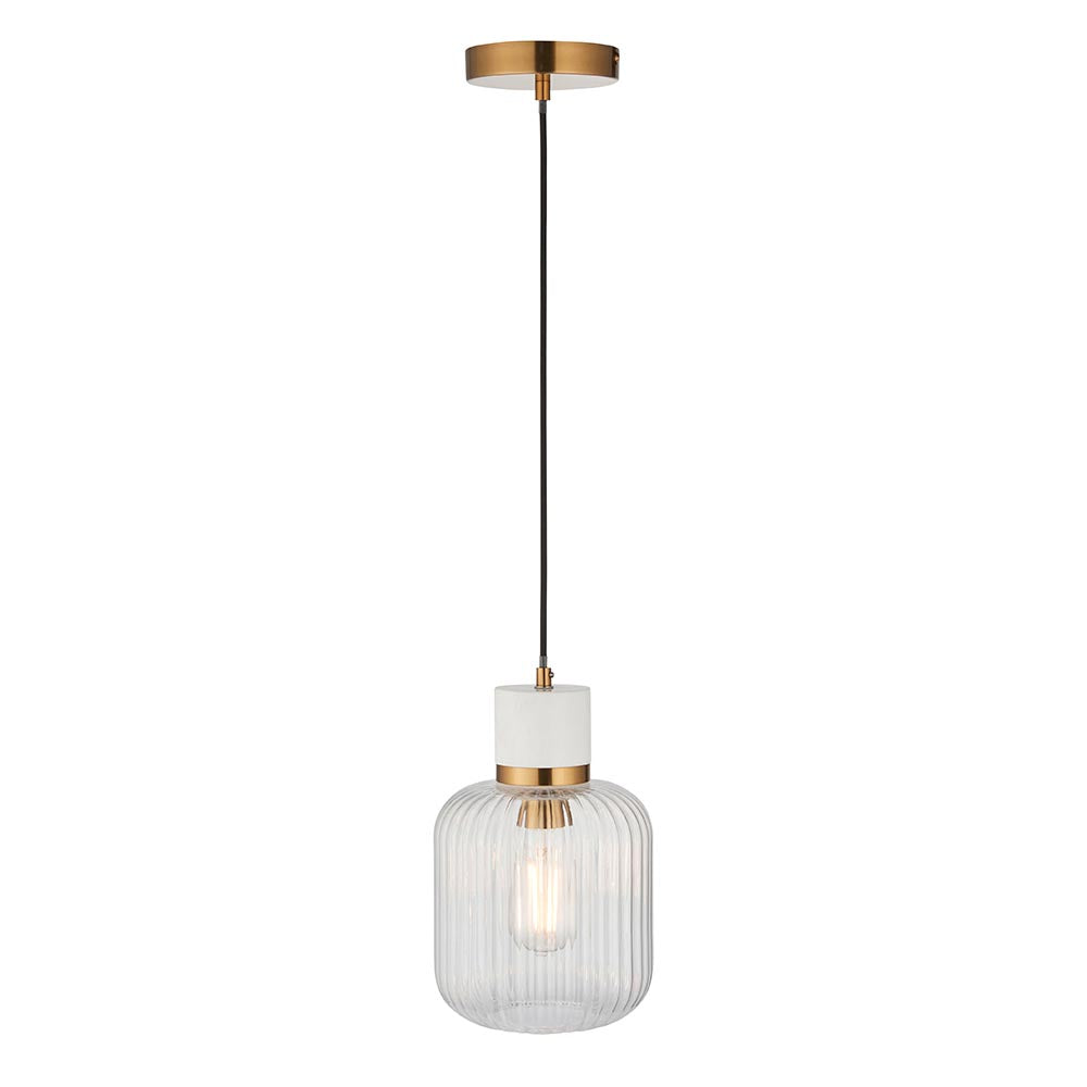 Travi Ribbed Pendant White volakas marble, vintage brass & clear ribbed glass