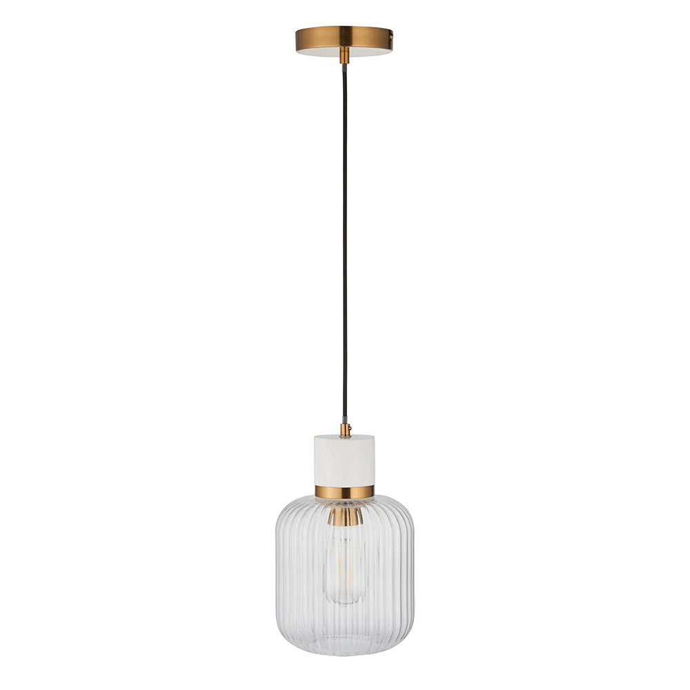 Travi Ribbed Pendant White volakas marble, vintage brass & clear ribbed glass