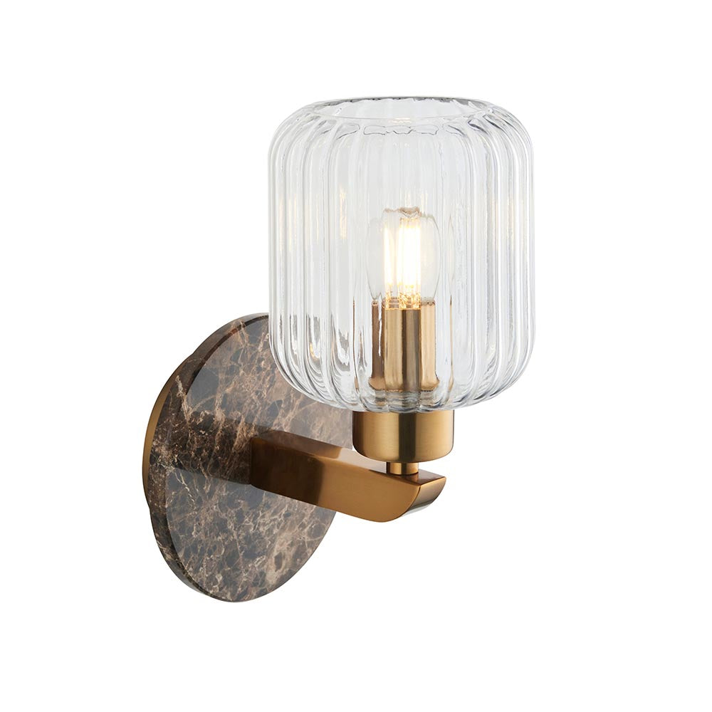 Travi Ribbed Wall Dark brown Emperador marble, vintage brass & clear ribbed glass