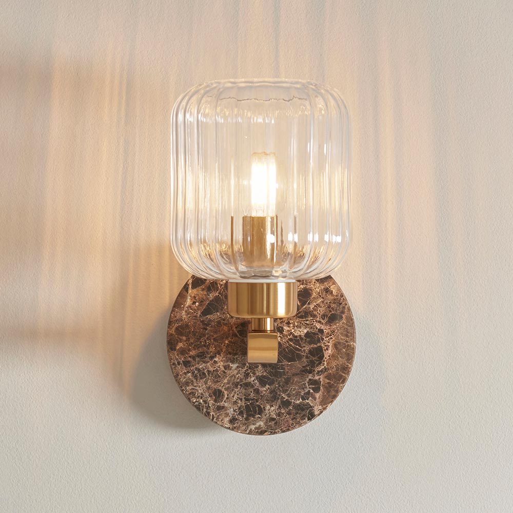 Travi Ribbed Wall Dark brown Emperador marble, vintage brass & clear ribbed glass