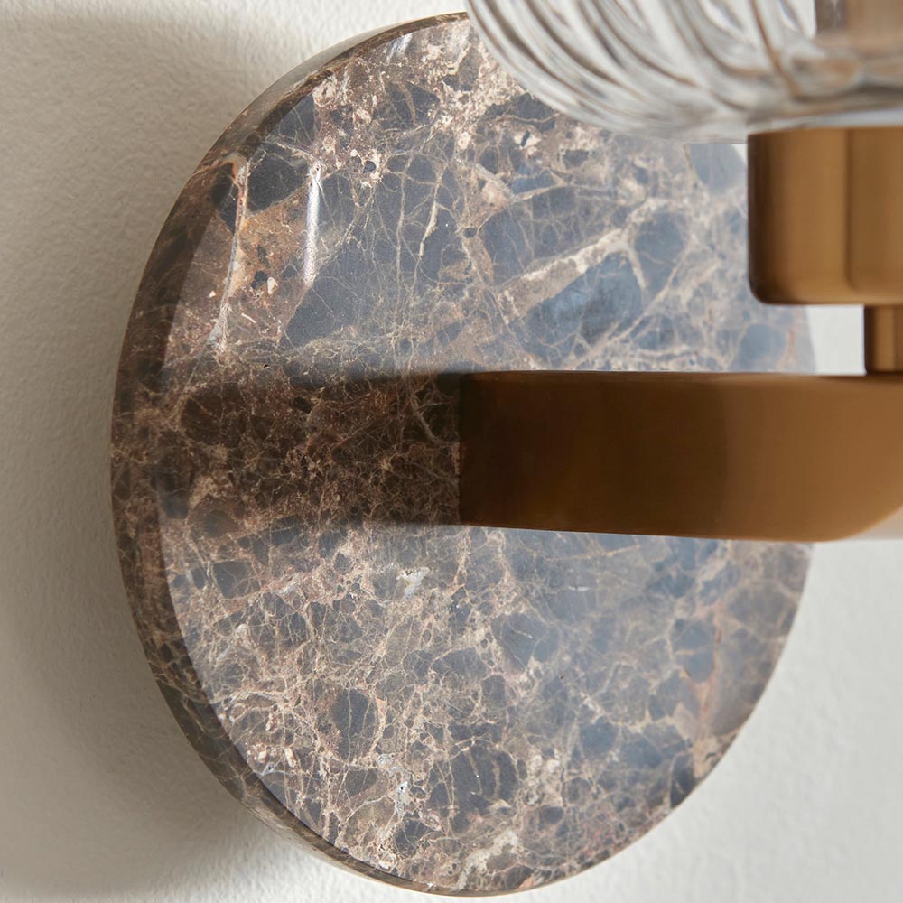 Travi Ribbed Wall Dark brown Emperador marble, vintage brass & clear ribbed glass