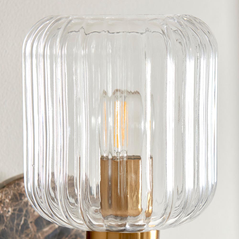 Travi Ribbed Wall Dark brown Emperador marble, vintage brass & clear ribbed glass