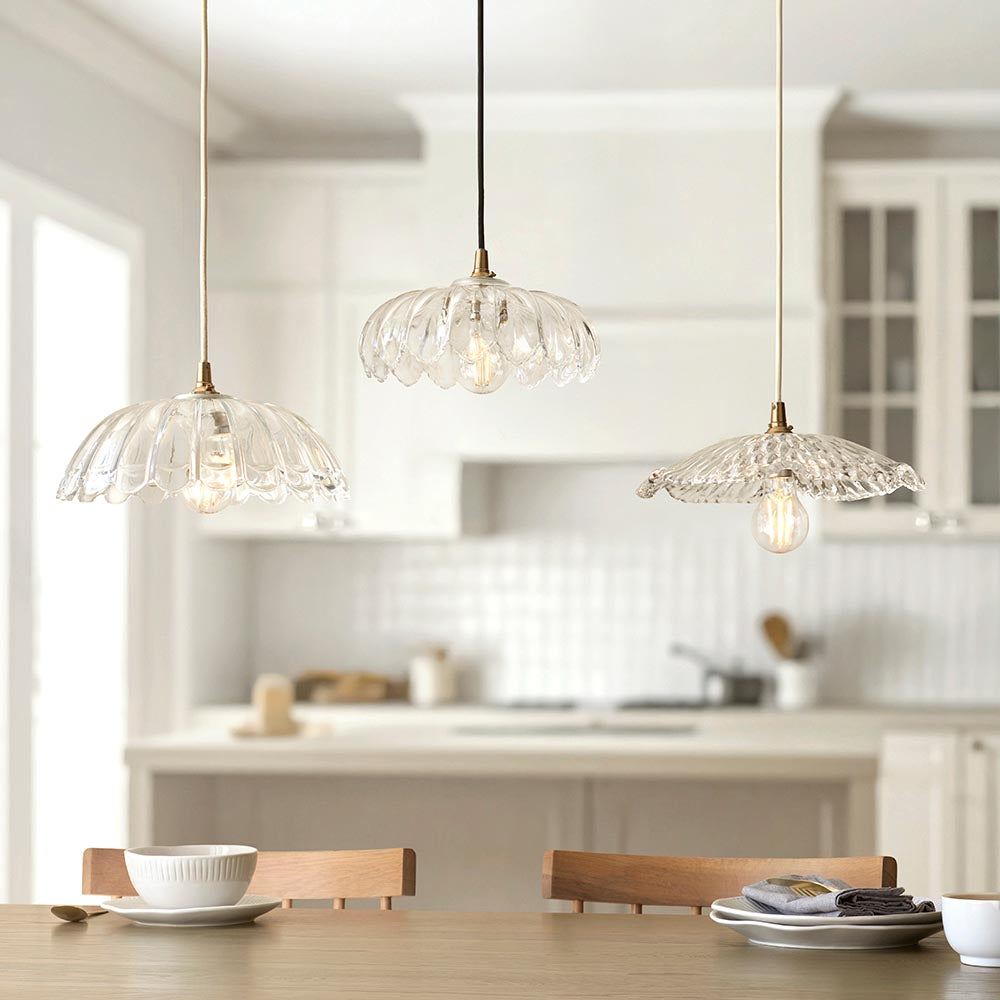 Eltham & Orchid Pendant Clear glass & brushed aged brass with black braided cable