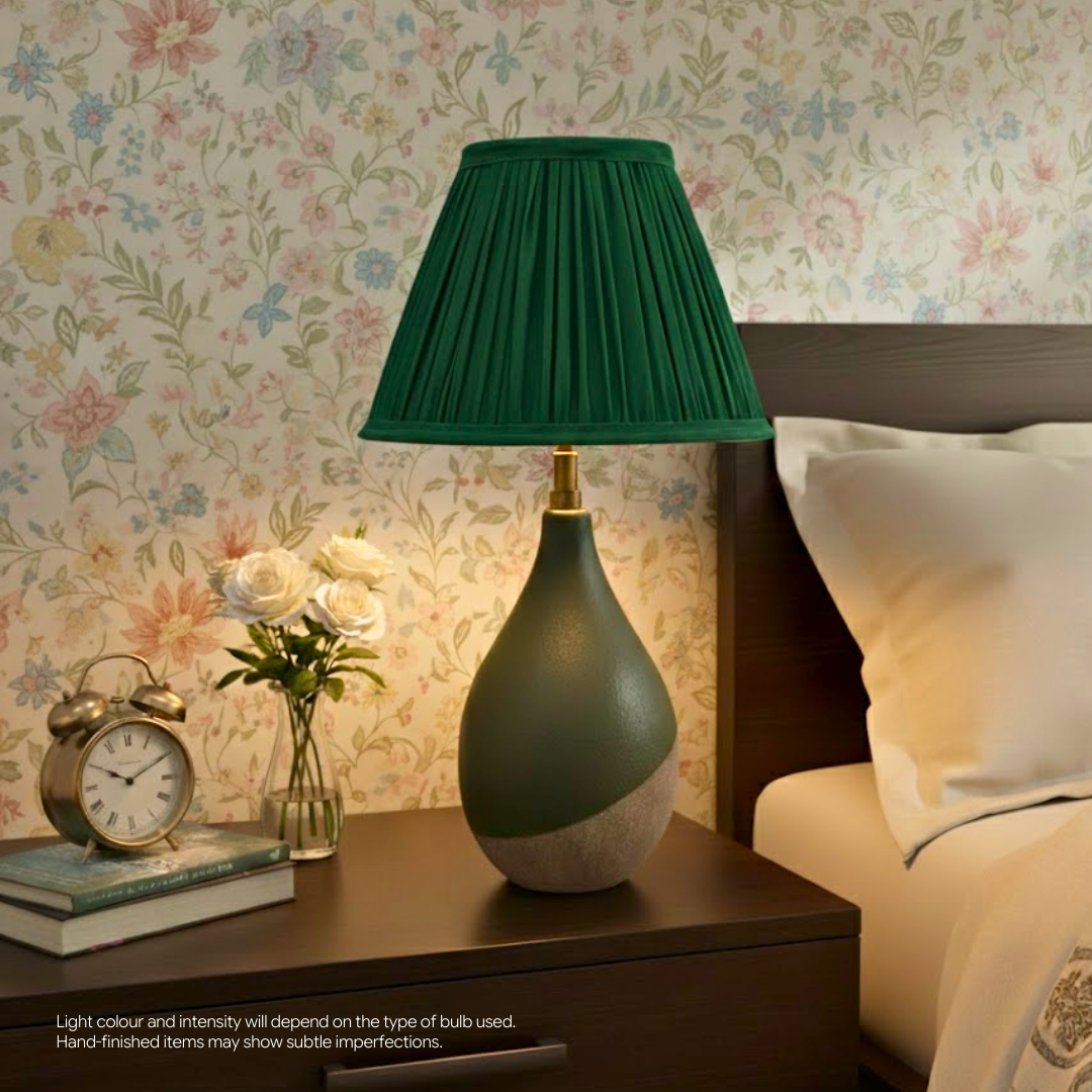 AARTIN Iris Ceramic Table Lamp With Green Silk Lampshade
